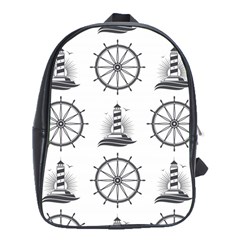 Marine Nautical Seamless Pattern With Vintage Lighthouse Wheel School Bag (xl) by Bedest