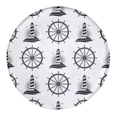 Marine Nautical Seamless Pattern With Vintage Lighthouse Wheel Round Glass Fridge Magnet (4 Pack) by Bedest