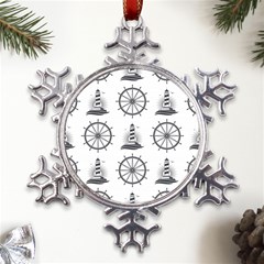 Marine Nautical Seamless Pattern With Vintage Lighthouse Wheel Metal Large Snowflake Ornament by Bedest