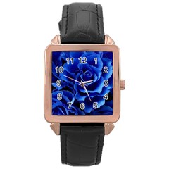 Blue Roses Flowers Plant Romance Blossom Bloom Nature Flora Petals Rose Gold Leather Watch  by Bedest