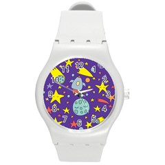 Card With Lovely Planets Round Plastic Sport Watch (m) by Bedest