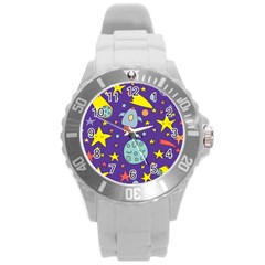 Card With Lovely Planets Round Plastic Sport Watch (l) by Bedest