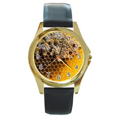 Honeycomb With Bees Round Gold Metal Watch by Bedest