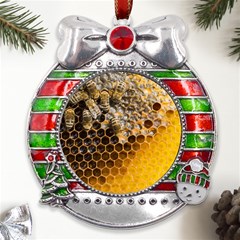 Honeycomb With Bees Metal X mas Ribbon With Red Crystal Round Ornament by Bedest