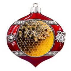 Honeycomb With Bees Metal Snowflake And Bell Red Ornament by Bedest