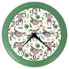 Seamless Pattern With Cute Sloths Color Wall Clock by Bedest