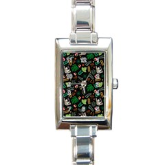 Floral Pattern With Plants Sloth Flowers Black Backdrop Rectangle Italian Charm Watch by Bedest