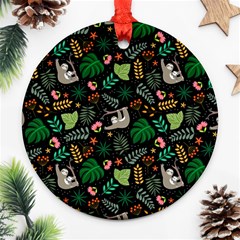 Floral Pattern With Plants Sloth Flowers Black Backdrop Ornament (round) by Bedest