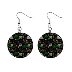 Floral Pattern With Plants Sloth Flowers Black Backdrop Mini Button Earrings by Bedest