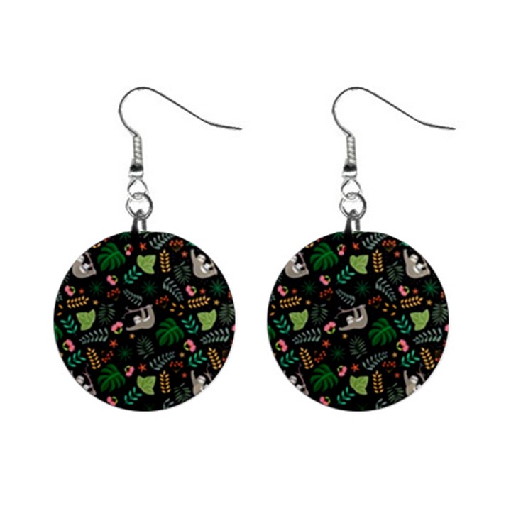 Floral Pattern With Plants Sloth Flowers Black Backdrop Mini Button Earrings