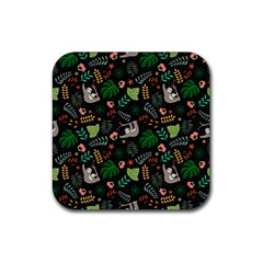 Floral Pattern With Plants Sloth Flowers Black Backdrop Rubber Coaster (square) by Bedest