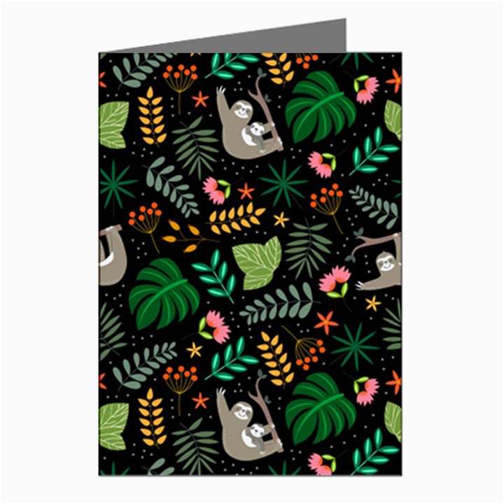 Floral Pattern With Plants Sloth Flowers Black Backdrop Greeting Cards (Pkg of 8)