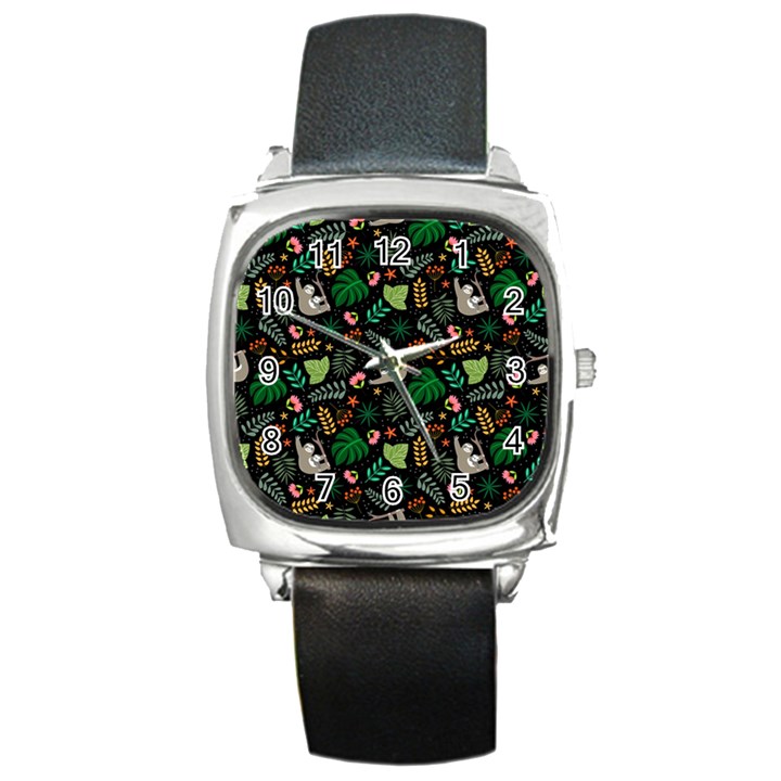 Floral Pattern With Plants Sloth Flowers Black Backdrop Square Metal Watch