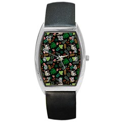 Floral Pattern With Plants Sloth Flowers Black Backdrop Barrel Style Metal Watch by Bedest