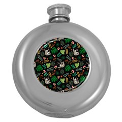 Floral Pattern With Plants Sloth Flowers Black Backdrop Round Hip Flask (5 Oz) by Bedest