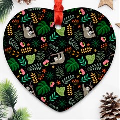 Floral Pattern With Plants Sloth Flowers Black Backdrop Heart Ornament (two Sides) by Bedest