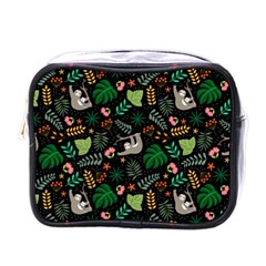 Floral Pattern With Plants Sloth Flowers Black Backdrop Mini Toiletries Bag (one Side) by Bedest