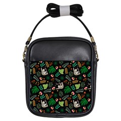 Floral Pattern With Plants Sloth Flowers Black Backdrop Girls Sling Bag by Bedest