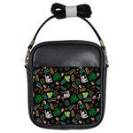 Floral Pattern With Plants Sloth Flowers Black Backdrop Girls Sling Bag Front