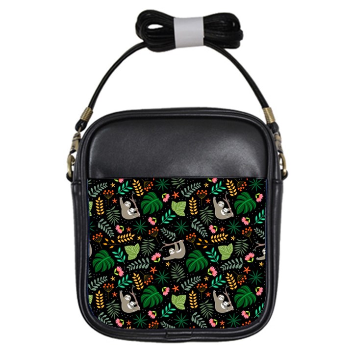 Floral Pattern With Plants Sloth Flowers Black Backdrop Girls Sling Bag