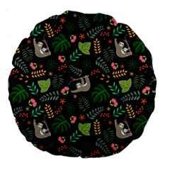 Floral Pattern With Plants Sloth Flowers Black Backdrop Large 18  Premium Round Cushions by Bedest