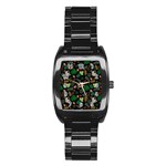 Floral Pattern With Plants Sloth Flowers Black Backdrop Stainless Steel Barrel Watch Front