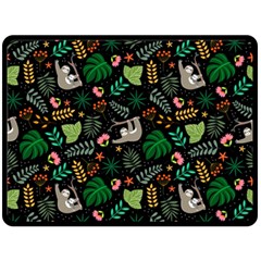 Floral Pattern With Plants Sloth Flowers Black Backdrop Two Sides Fleece Blanket (large) by Bedest