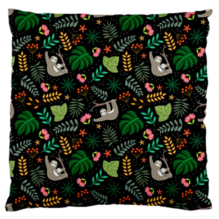 Floral Pattern With Plants Sloth Flowers Black Backdrop Standard Premium Plush Fleece Cushion Case (Two Sides)