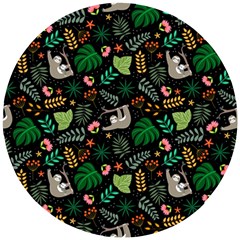 Floral Pattern With Plants Sloth Flowers Black Backdrop Wooden Puzzle Round by Bedest