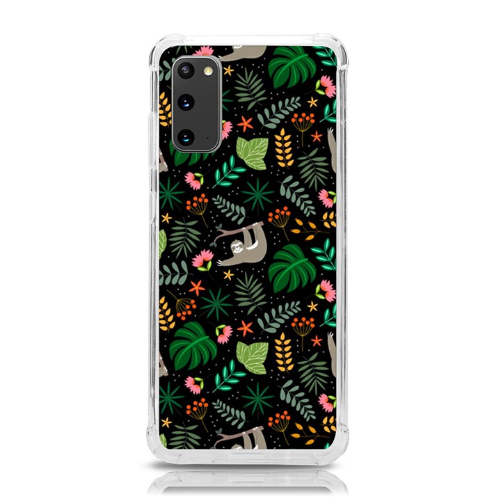 Floral Pattern With Plants Sloth Flowers Black Backdrop Samsung Galaxy S20 6.2 Inch TPU UV Case