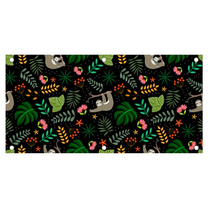 Floral Pattern With Plants Sloth Flowers Black Backdrop Banner and Sign 4  x 2 