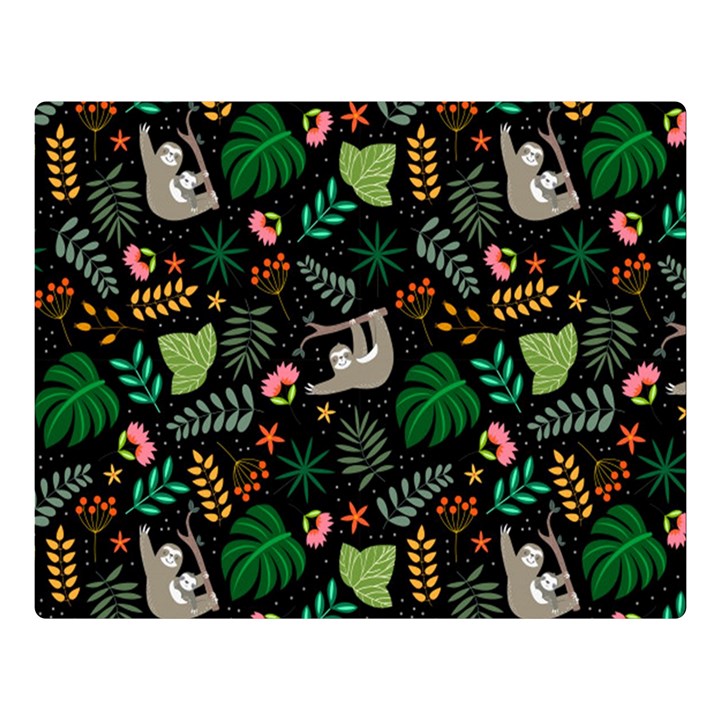 Floral Pattern With Plants Sloth Flowers Black Backdrop Premium Plush Fleece Blanket (Large)