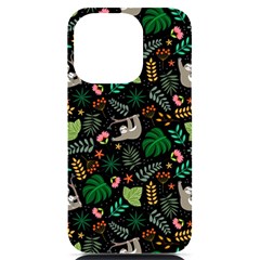 Floral Pattern With Plants Sloth Flowers Black Backdrop Iphone 14 Pro Black Uv Print Case by Bedest