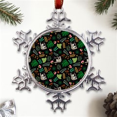 Floral Pattern With Plants Sloth Flowers Black Backdrop Metal Large Snowflake Ornament by Bedest