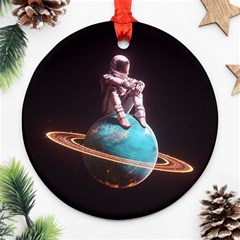 Stuck On Saturn Astronaut Planet Space Round Ornament (two Sides) by Cendanart