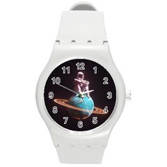 Stuck On Saturn Astronaut Planet Space Round Plastic Sport Watch (m) by Cendanart