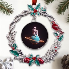 Stuck On Saturn Astronaut Planet Space Metal X mas Wreath Holly Leaf Ornament by Cendanart