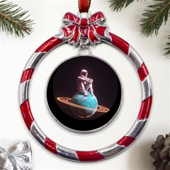 Stuck On Saturn Astronaut Planet Space Metal Red Ribbon Round Ornament by Cendanart