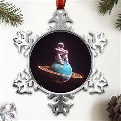 Stuck On Saturn Astronaut Planet Space Metal Small Snowflake Ornament by Cendanart