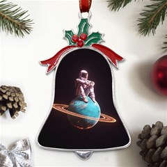 Stuck On Saturn Astronaut Planet Space Metal Holly Leaf Bell Ornament by Cendanart