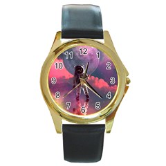 Aesthetic Astronautics Atmosphere Blue Clouds Cosmos Fantasy Galaxy Round Gold Metal Watch by Cendanart