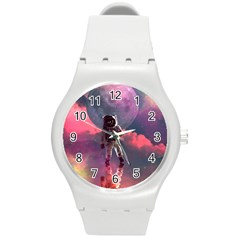 Aesthetic Astronautics Atmosphere Blue Clouds Cosmos Fantasy Galaxy Round Plastic Sport Watch (m) by Cendanart