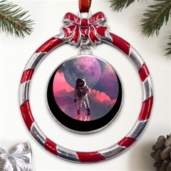 Aesthetic Astronautics Atmosphere Blue Clouds Cosmos Fantasy Galaxy Metal Red Ribbon Round Ornament by Cendanart