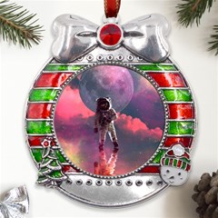 Aesthetic Astronautics Atmosphere Blue Clouds Cosmos Fantasy Galaxy Metal X mas Ribbon With Red Crystal Round Ornament by Cendanart