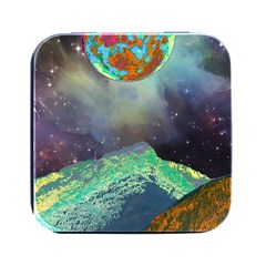 Psychedelic Universe Color Moon Planet Space Square Metal Box (black) by Cendanart