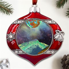 Psychedelic Universe Color Moon Planet Space Metal Snowflake And Bell Red Ornament by Cendanart