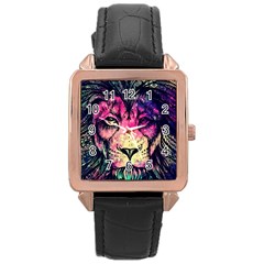 Psychedelic Lion Rose Gold Leather Watch  by Cendanart