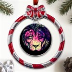 Psychedelic Lion Metal Red Ribbon Round Ornament Front