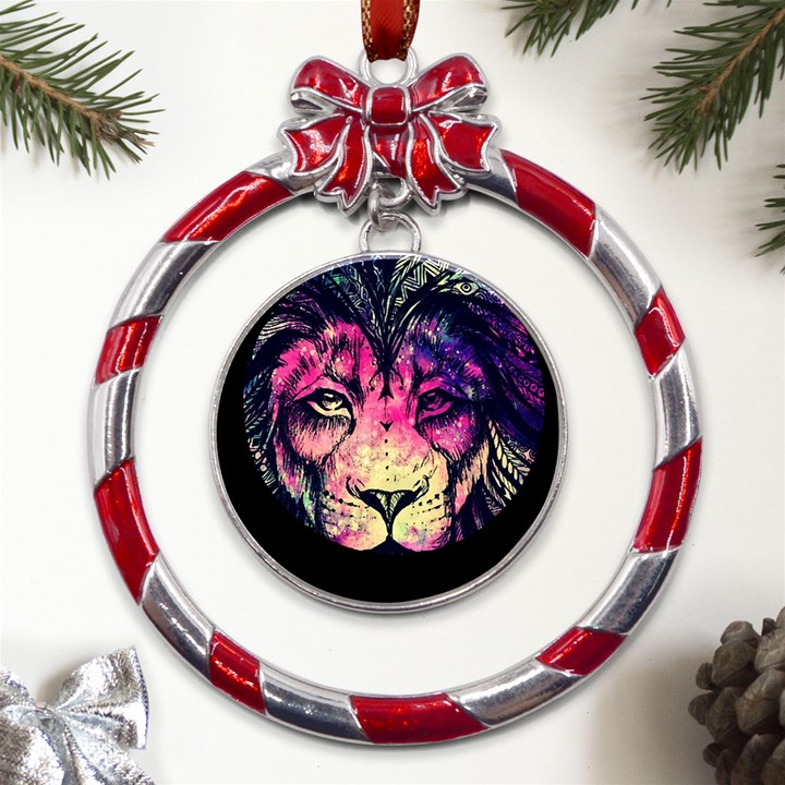 Psychedelic Lion Metal Red Ribbon Round Ornament