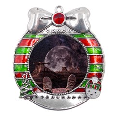 In The Cosmos Moon Sci-fi Space Sky Metal X mas Ribbon With Red Crystal Round Ornament by Cendanart